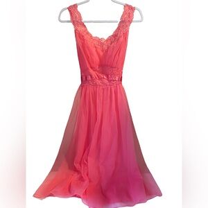 Vintage Pink Vanity Fair Night Slip Dress Lace Ribbon Back Mid Length Small 34